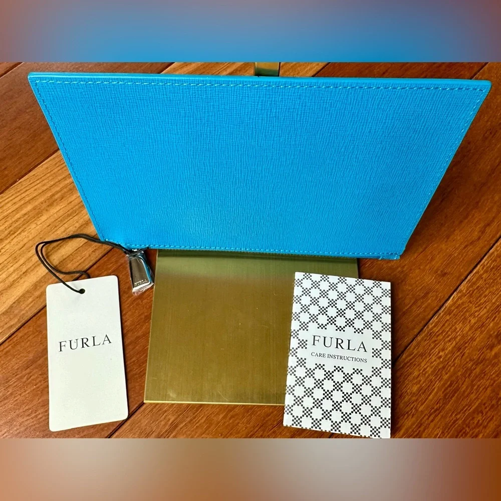 Furla Babylon Ceruleo Blue Saffiano Leather Envelope Pouch and Dust Bag - Picture 5 of 6